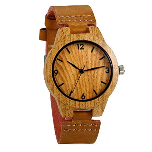 Image of JewelryWe Women Watches Round Wood Pattern Dial Quartz Watch Genuine Leather Watchband Wrist Watch Casual Dressing Watch