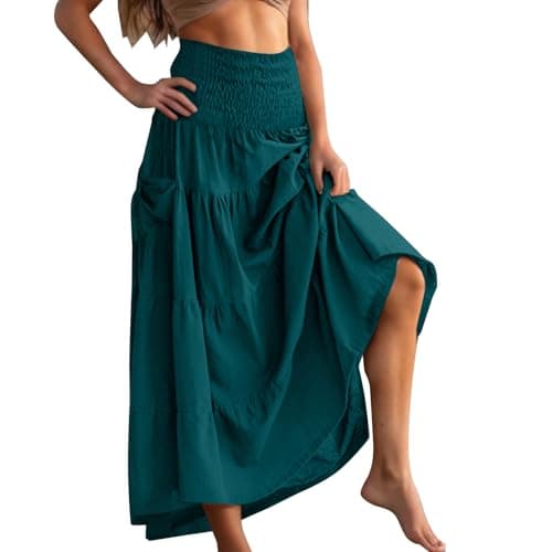 Image of Mrat Skirts for Women UK Summer Boho Maxi Skirt Ladies Elegant Vintage Solid Color Skirts A Line Swing Long Dresses High Elastic Waist Pleated Skirt Gypsy with 2 Pockets Cotton Vacation Going Out