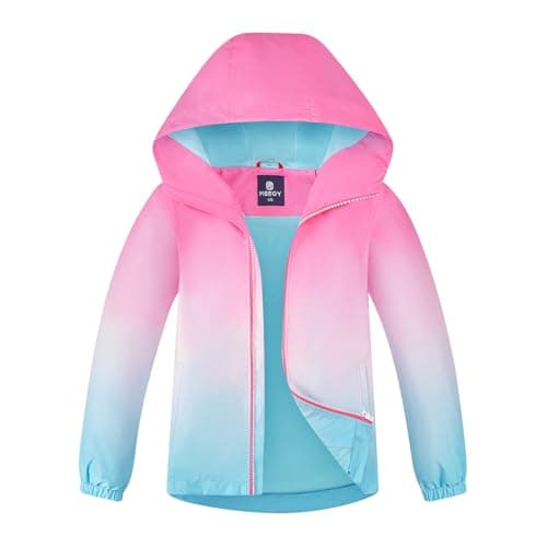 Image of BuyiRen Girls Waterproof Jacket Rain Jackets Hooded Raincoat Lightweight Cotton Lined Rain Coats for Kids, Ombre Pink, 7-8 Years