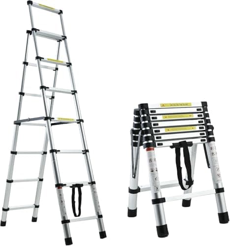 Image of Aluminium 6+7 Step Ladder Foldable Telescopic Stepladder, Multi-purpose Ladders Exention Ladder with Anti Slip Feet, EN131 Safety, Portable & Lightweight, Silver