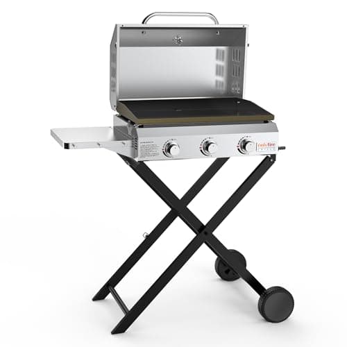 Image of Onlyfire 3-Burner Gas Plancha Portable Gas BBQ with Foldable Stand | Thermometer | Side Table, Stainless Steel Flat Top Grill Griddle for Outdoor Cooking Camping Tailgating |7 KW