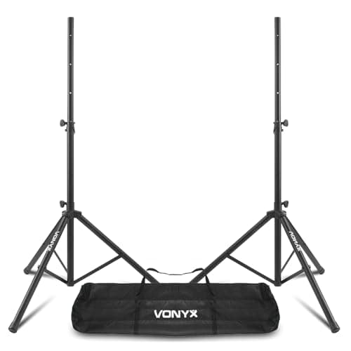 Image of 2x Vonyx LS01K Tripod PA Speaker Stands with Carry Bag, Adjustable Height up to 1.75m, 30kg Capacity, Sturdy Steel Build, Fits 35mm PA/DJ Speakers, Set of 2 for Events, Gigs, Parties