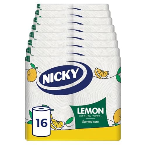 Image of Nicky Lemon Kitchen Towel – Pack of 16 Rolls, 100 Sheets of 2 Layers per Roll, Extra Absorbent Paper, Lemon Perfumed, Recyclable Packaging, 100% Pure Cellulose, FSC Certified