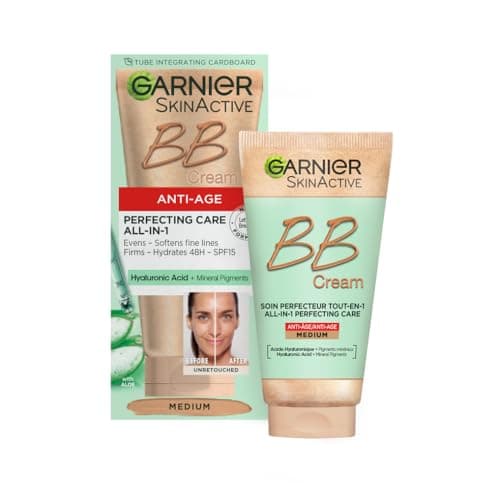 Image of Garnier SkinActive Anti-Age BB Cream, Shade Medium, Tinted Moisturiser SPF 15, Softens Fine Lines & Firms Skin, With Hyaluronic Acid, Aloe & Mineral Pigments, 50 m