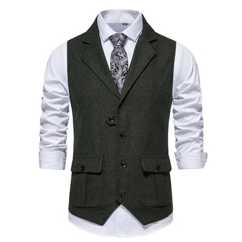 Image of MakingDa Tweed Waistcoat Men Vintage Classic Casual Lapel Waist Coats Slim Fit Herringbone Formal Suit Vest Sleeveless Jackets with Pocket-Green-2XL