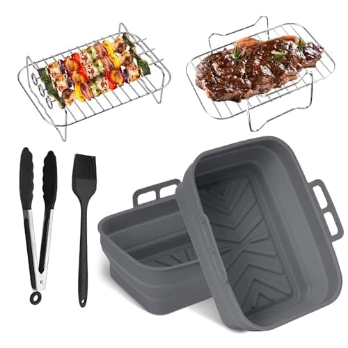 Image of Pietuley Foldable Silicone Air Fryer Liner, Set of 6 Air Fryer Accessories for Ninja Dual AF300UK,Tower T17088 T17099,Tefal Easy Fry, Salter etc Including Air Fryer Racks, Reusable Air Fryer Liner
