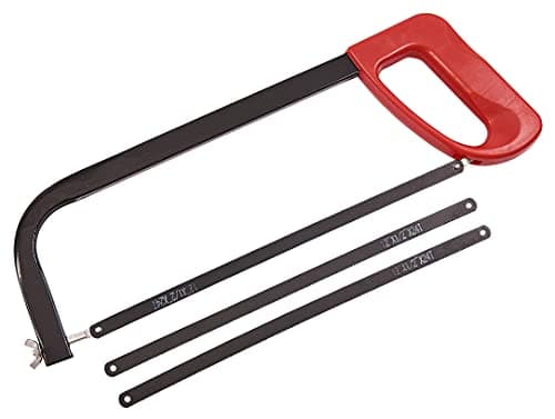 Image of Amtech – Hacksaw with 3 Blades, Flat Steel Alloy Frame, 24 TPI Carbon Steel Blades, Plastic Grip, for Metal & Plastic Cutting, 300mm (12″)