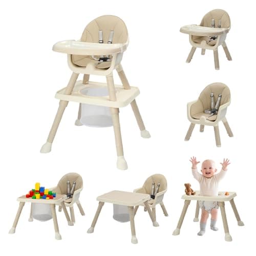 Image of Bonnlo 6-in-1 Convertible Baby High Chair, Adjustable Height with Removable Double Tray & Building Block Table, Multi-Functional Highchair for Toddlers 6-36 Months (Beige)