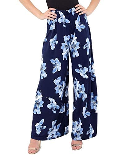 Image of WearAll WEARALLWomen's Plus Floral Print High Waisted Palazzo Trousers New Ladies Wide Leg Pants - Navy Blue - 12-14