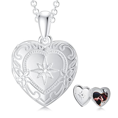 Image of SOULMEET Personalized 9ct 14ct 18ct White Gold/Silver Starburst Locket Necklace That Holds 1 Picture Photo Diamond Cut Heart Locket Mother's Day (Custom photo)