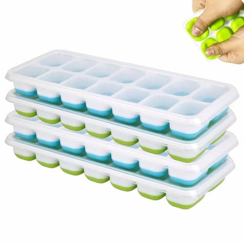 Image of Ice Cube Trays, 4 Pack Reusable Silicone Easy-Release and Flexible 56-Ice Trays with Spill-Resistant Removable Lid, BPA Free and Durable