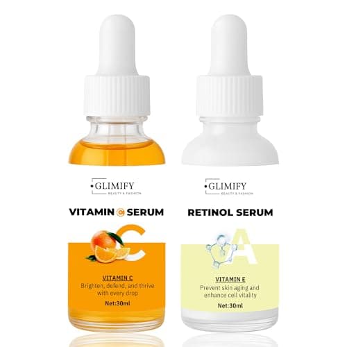 Image of Glimify Korean Skincare Duo: Vitamin C Serum & Retinol Face Serum for women & men Set with Hyaluronic Acid - Skin Brightening - Anti Aging, Hydrating & Age Spot Remover for Face, 30ml Each