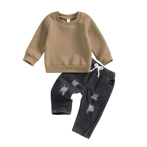 Image of Vioyavo Kid Toddler Boy Fall Winter Denim Outfits Long Sleeve Textured Sweatshirt Jumper Ripped Jeans Denim Pants Clothes Set (Khaki, 12-18 Months)