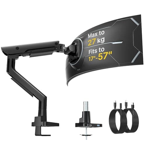 Image of monTEK Single Monitor Arm with USB 3.0 A/C for 17–57” Ultrawide Screen up to 27KG, Heavy Duty Aluminum Monitor Arm Desk Mount, Adjustable Gas Spring Arm, Clamp/Grommet Mount, VESA 75/100, Black