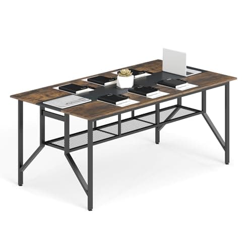 Image of CASART 180CM Conference Table, Large Rectangular Meeting Table Computer Desk with Cable Grommet & Mesh Storage Shelf, Wooden Study Desk Writing Workstation for Home Office