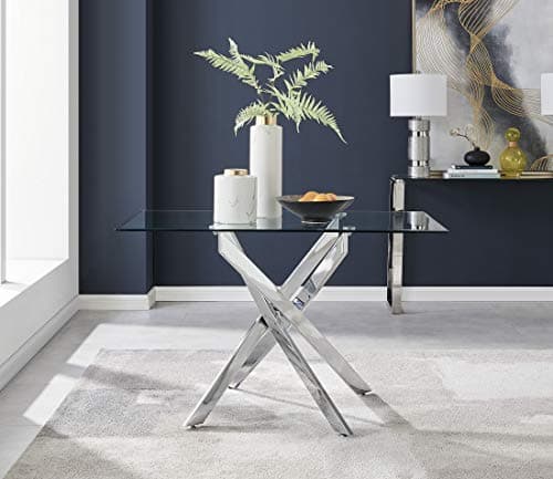 Image of Furniturebox UK Leonardo 4 Clear Glass And Chrome Metal Modern Stylish Dining Table And 4 Luxury Stylish Milan Dining Chairs Set (Dining Table Only)
