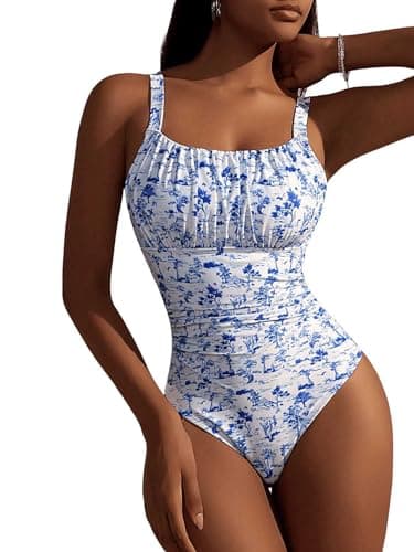 Image of GORGLITTER Women's Floral Square Neck Cami One Piece Swimsuits Ruched Tummy Control Swimming Costume Blue and White Large