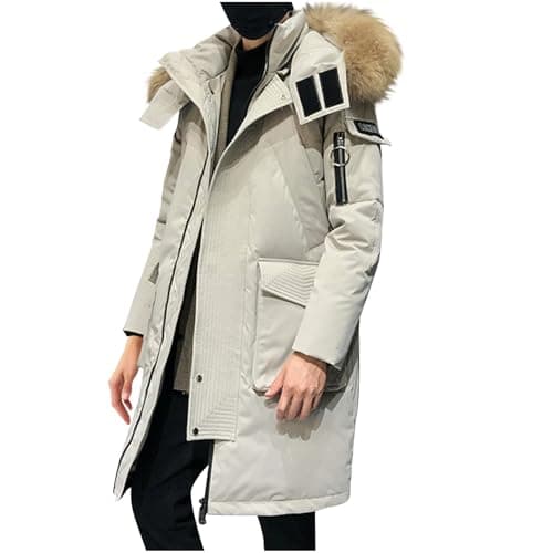 Image of RLEHJN Winter Jackets for Men, Puffer Parka Jacket Mens Long Puffer Coat with Faux Fur Hood Warm Outdoor Down Jackets Thermal Quilted Padded Jacket Zip Up Mid Length Hooded Coats Outerwear