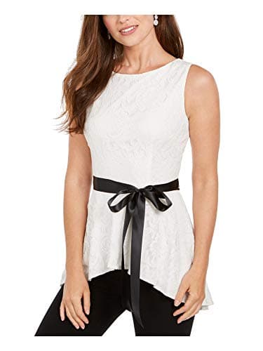 Image of Adrianna Papell Womens Ivory Lace Tie Sleeveless Jewel Neck Peplum Top UK Size: 12