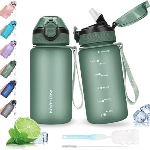 Image of AOHAN 600ML Water Bottle with Leak Proof Flip Top Lid, BPA Free Sport Drinking Bottle with Straw, Dishwasher Safe Water Bottle Non-Toxic Water Jug with Carrying Strap
