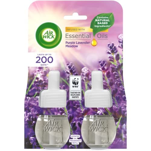 Image of Air Wick Plug in Diffuser Twin Refill, Purple Lavender Meadow, Pack 2 x 19ml, Long Lasting Fragrance, Lasts up to 200 days, Plug in Air freshener