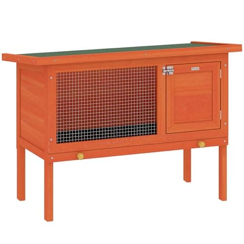 Image of PawHut Wooden Rabbit Hutch, Guinea Pig Hutch with Openable Asphalt Roof and Pull-Out Tray, Outdoor Elevated Bunny House for Rabbits, Chinchillas and Small Animals, Indoor Outdoor Use, Orange