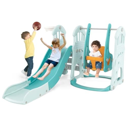Image of Maxmass Toddler Slide and Swing Set, Children Playground Playset with Basketball Hoop, Long Slide and Climb Ladder, Indoor Kids Play Area for Boys Girls (Green, 185x150x102cm)