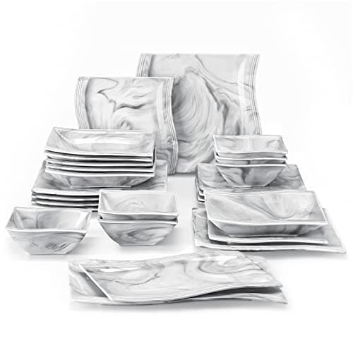 Image of MALACASA Plates and Bowls Set, 26-Piece Dinner Sets with 6-Piece Dinner Plate/Soup Plate/Dessert Plate/Bowl and 2 Serving Platters, Marble Grey Porcelain Dinnerware Set Service for 6, Series Flora