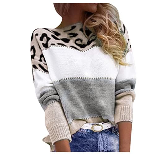 Image of Cocila Women's Crew Neck Oversize Sweater Ladies Autumn and Winter Tops, Casual Fashion Leopard Print Color Long-Sleeved Sweater Pullover Loose Top Ladies Sweatshirts Pullover (Grey, XXL)