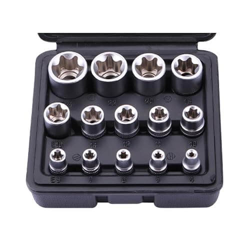 Image of Hniuyun 14Pcs Female E-Torx Star Socket Set, 1/4, 3/8, 1/2 in Drive, E4 - E24 External Torque Socket Tool Kit with Black Case