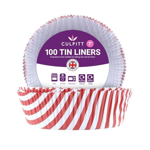 Image of Culpitt 7" Cake Tin Liners | Red Stripe | 100 Pack | Greaseproof Paper Cake Tin Liner For Cakes, Pies, Tarts, Air Fryer Liner, Made In The UK