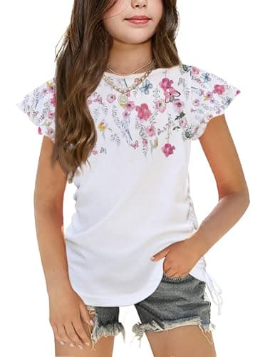 Image of Arshiner T-Shirt Girls White Short Sleeve Shirt Ruffle Sleeve Top Flowers Kids Summer Round Neck Top with Drawstring 10-11 Years