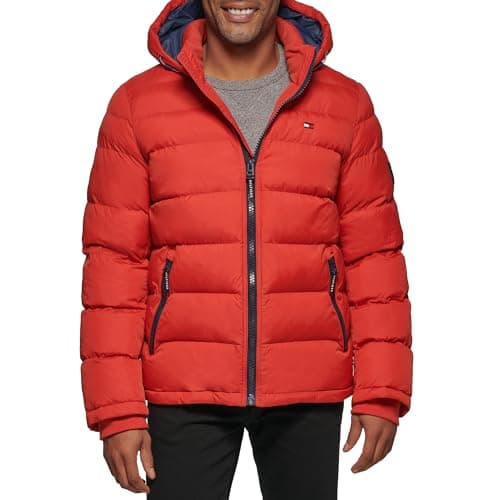 Image of Tommy Hilfiger Men's Hooded Puffer Jacket, Orange Burst, S