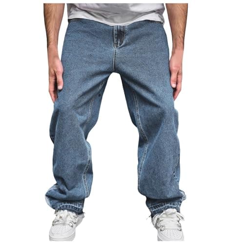 Image of UIKIFY Jeans Oversized Pants Wide Leg Jeans, Straight Fit Jean Regular-Fit Denim Pants Sports Elasticated Waist Casual Skater Street Wear Men's Durables Work Trousers Blue 38