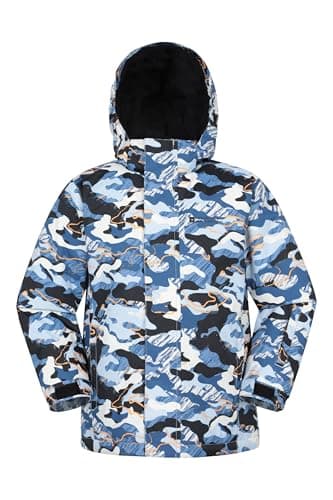 Image of Mountain Warehouse Mogal Printed Kids Waterproof Ski Jacket - Zipped Pockets, Detachable Hood, Snowskirt -Best for Snowboarding, Winter Sports Pale Blue Kids Size 7-8 Years