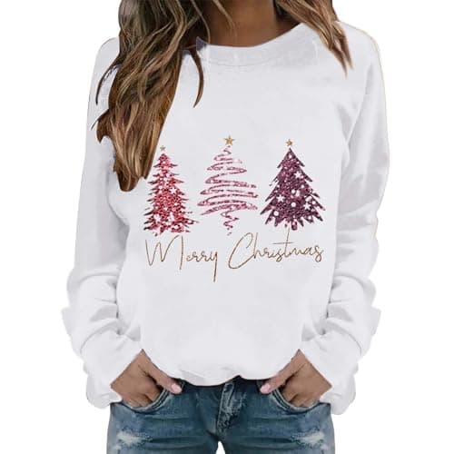 Image of HUIFUAO Christmas Sweatshirts for Women Womens Christmas Sweatshirt Christmas Tree Long Sleeve Ladies Tops Womens Christmas Sweatshirt (White, S)