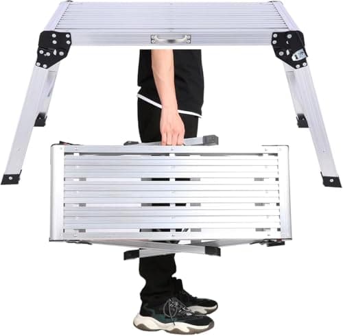 Image of Unibos 150kg Folding Aluminum Work Platform Step Up Bench Ladder Folding Hop Up Fold Bench Stool Work Platform Foldable Design to Sit On Indoor/Outdoor Job Step Ladder