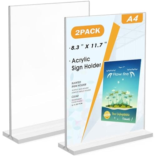 Image of Flow fire A4 Acrylic Sign Holder, 2 Pack T-Shape A4 Clear Perspex Display Stand, Double-Side Menu Poster Sign Holder for Office Store Restaurant