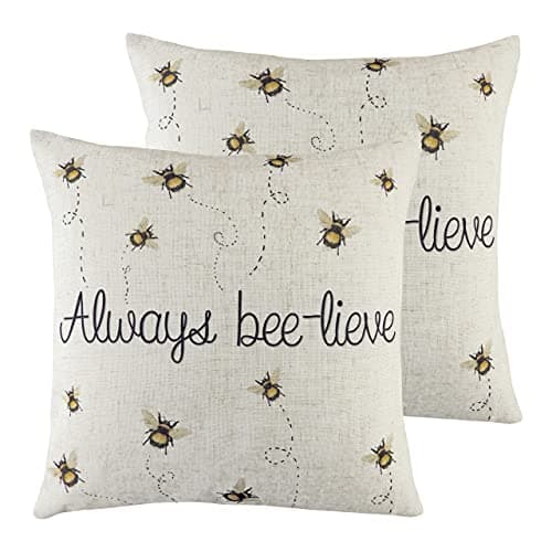 Image of furn. Evans Lichfield Bee-Lieve Polyester Filled Cushions (Twin Pack), Polyester, Linen, White