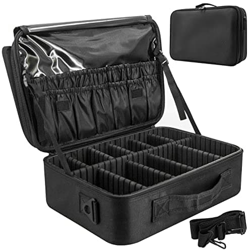 Image of Makeup Organiser Bag Make up Case: Large Travel Cosmetic Case Organiser Professional Portable Makeup Storage Bag for Toiletry Make Up Artist Tool Brush Vanity Beauty Box with Adjustable Dividers