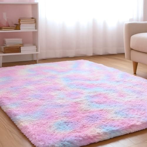 Image of XSIVOD Soft Area Rugs for Living Room, Plush Fluffy Bedroom Rug, Non-slip Shaggy Rugs for Dorm Teens Room Decor, Modern Indoor Furry Carpets for Playroom Study Office, 120x160 cm, Rainbow