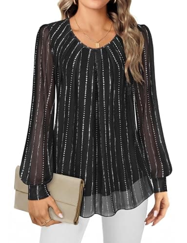 Image of Gemulate Womens Tops Long Sleeve Chiffon Blouses for Women UK Ladies Tops Evening Top for Women UK Elegant Loose Flowy Crew Neck Double Layers Mesh T Shirts Black Chain XL