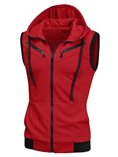Image of sourcing map Men's Sleeveless Slim Fit Hoodie Vest Zipper Drawstring Gilet Jacket with Pockets Red S