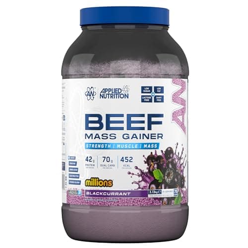 Image of Applied Nutrition Beef Mass Gainer Protein Powder – 42g Beef Protein Isolate, High Calorie Weight Gainer Supplement, Lactose Free, Low Sugar (3.13kg – 25 Servings) (Blackcurrant Millions)