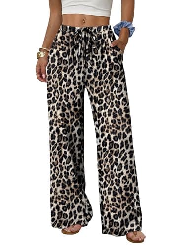 Image of Aokosor Wide Leg Trousers for Women UK Flowy Palazzo Drawstring Elastic Waist Ladies Trousers Women's Clothing Leopard Print L