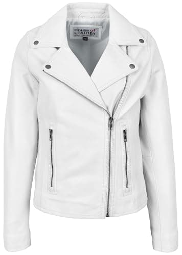 Image of Womens Real Leather Biker Jacket Cross Zip Style Lola (UK, Numeric, 18, Regular, Regular, White)