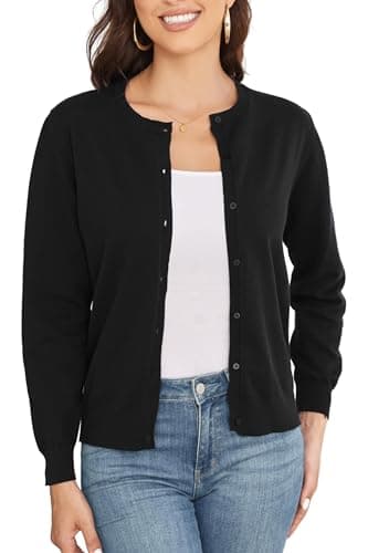 Image of BERESIA Ladies Cardigan Womens Knit Sweater with Buttons Round Neck Crewneck Coat Elegant, Black M