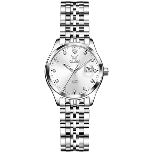 Image of OLEVS Watches for Women Silver Stainless Steel Analog Quartz Luxury Diamond Ladies Watch Classic White Dial Small Face Dress Women's Watch Waterproof Luminous with Date Easy to Read Womens Watches