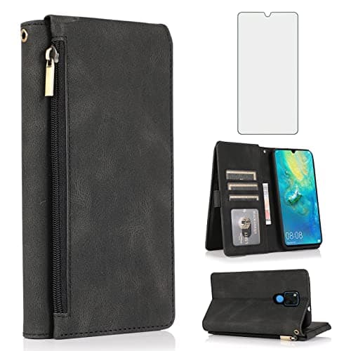 Image of Compatible with Huawei Mate 20 X 5G Wallet Case Tempered Glass Screen Protector Zipper Retro Leather Flip Cover Card Holder Stand Cell Accessories Phone Cases for Mate20X 20X 7.2 inch Women Men Black