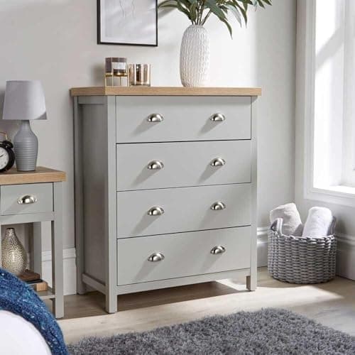 Image of Home Source Wide Chest of Drawers Clothing Storage Unit, 4 Drawers, Grey, Sonoma Oak Effect